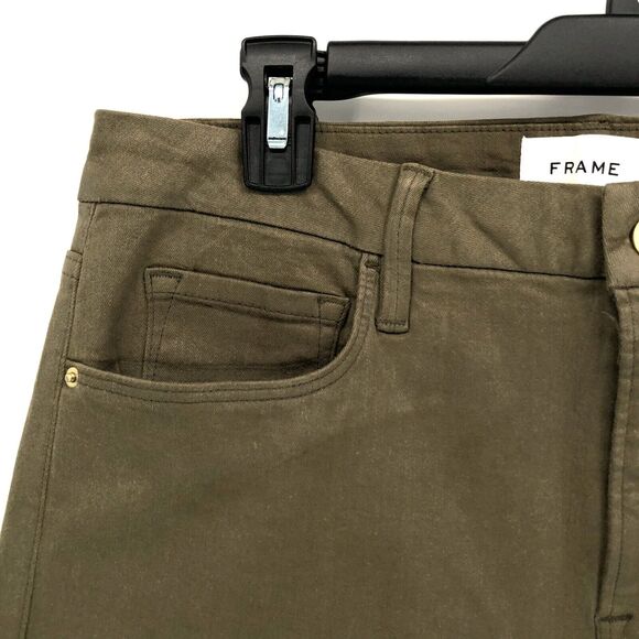 FRAME Le Crop Mini Boot 33 Bootcut High Rise Waisted Coated Denim Jeans Green - Picture 4 of 8